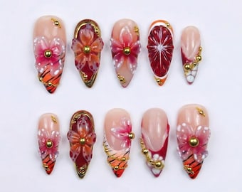 Uñas postizas tropicales con flores 3D, estampado de naranja sanguina y tigre / Uñas falsas 3D en forma de almendra / Diseño de uñas artesanal para el verano y la playa
