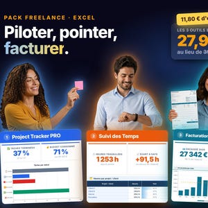 Op de afbeelding: Een digitaal Excel-pakket voor freelancers met drie tools: Project Tracker PRO, tijdregistratie en facturatie voor micro-ondernemingen. De afbeelding toont datadashboards met grafieken, percentages en financi&euml;le cijfers, samen met de Franse tekst Piloter, pointer, facturer.