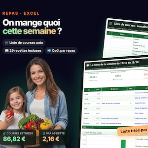 May include: A digital meal planning and grocery list spreadsheet template titled On mange quoi cette semaine. The interface displays weekly menus, automated shopping lists, cost per meal, and budget tracking features in a structured grid format.