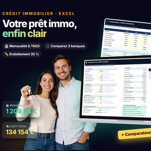 May include: A digital marketing graphic for a real estate loan Excel tool. It features a laptop displaying financial spreadsheets, a pie chart, and bank offer comparisons. Text includes "CRÉDIT IMMOBILIER", "Votre prêt immo, enfin clair", and financial data.