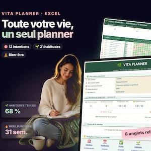 May include: A digital Excel planner titled Vita Planner featuring a dark background with white and pink text. The interface displays habit trackers, intention logs, and wellness sections. The screen shows a dashboard with 8 linked tabs and data.