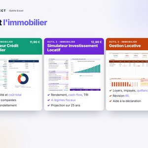 May include: A digital display showing three Excel tools for real estate: a green credit simulator, a purple investment simulator, and a brown rental management tool. Each card features data tables, charts, and lists of key financial features.