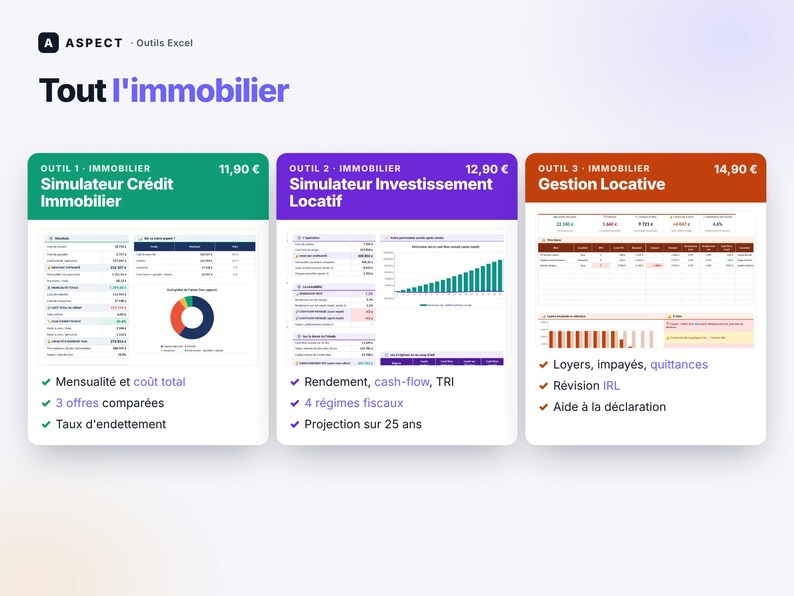 May include: A digital display showing three Excel tools for real estate: a green credit simulator, a purple investment simulator, and a brown rental management tool. Each card features data tables, charts, and lists of key financial features.