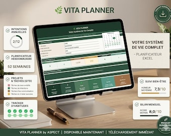 Vita Planner Excel Complete Lifestyle System | Intentions · 52-Week Planner · Habits · Wellbeing · GTD · Monthly Review | Green Edition
