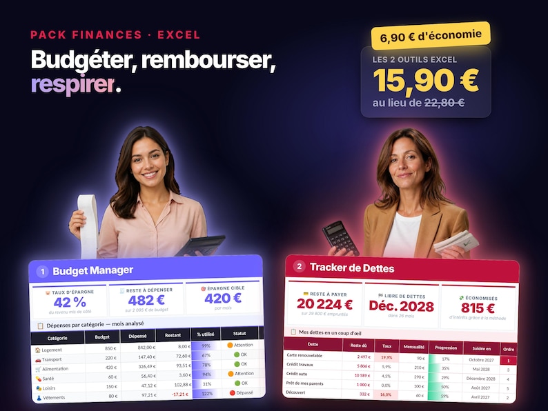 Peut inclure: Un pack de feuilles de calcul Excel pour les finances comprenant un gestionnaire de budget avec des tableaux de d&eacute;penses et un suivi de dettes. Le texte indique PACK FINANCES EXCEL, Budg&eacute;ter, rembourser, respirer et 15,90 &euro;.