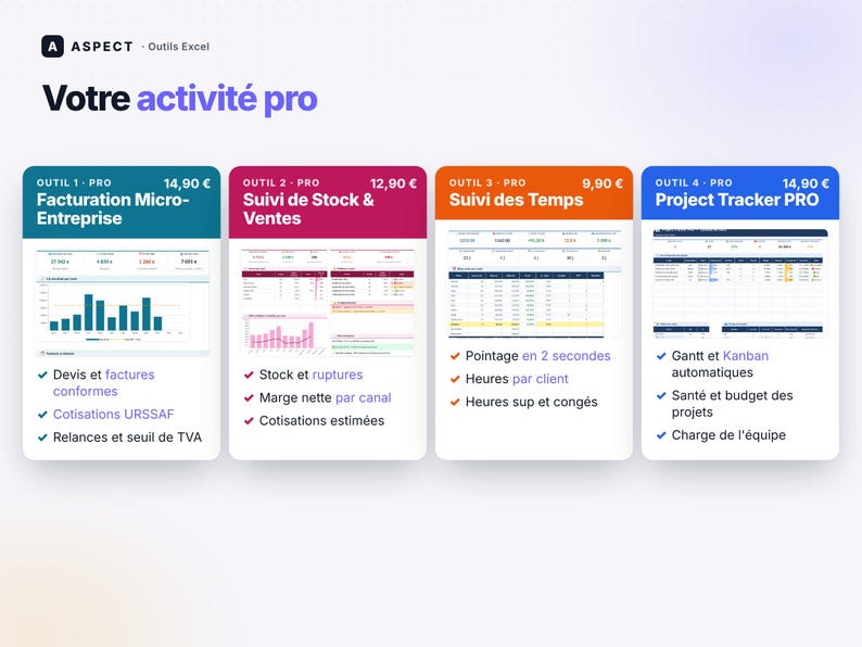 May include: A digital display showing four Excel business tools labelled Aspect Outils Excel. The cards feature titles like Facturation Micro-Entreprise, Suivi de Stock & Ventes, Suivi des Temps, and Project Tracker PRO with lists of features.