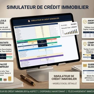 Puede incluir: Una tableta muestra un simulador de préstamos inmobiliarios con datos financieros y gráficos. Tarjetas detallan cálculos, resultados y capacidad de endeudamiento. Un bolígrafo y un bloc de notas están sobre la mesa. El texto dice 'Simulador de Crédito Inmobiliario'.
