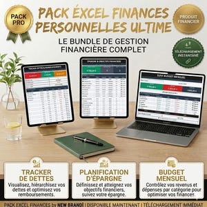 May include: A financial management bundle featuring a laptop, two tablets, and a green notebook with a pen. The screens display financial data and charts. Text includes "Pack Excel Finances" and "Tracker de Dettes".