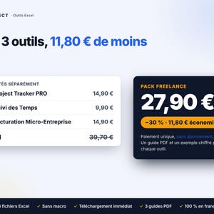 Op de afbeelding: Een digitale afbeelding met een bundel van drie Excel-tools genaamd Pack Freelance. Het toont Project Tracker PRO, Suivi des Temps en Facturation Micro-Entreprise met individuele prijzen en een totale korting van 11,80 &euro; voor de set.