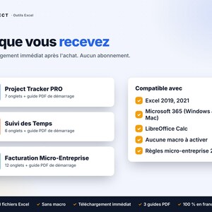 Op de afbeelding: Een digitale productvermelding getiteld Ce que vous recevez met drie Excel-tools: Project Tracker PRO, Suivi des Temps en Facturation Micro-Entreprise. De afbeelding vermeldt compatibiliteit met Excel 2019, 2021, Microsoft 365 en LibreOffice Calc.