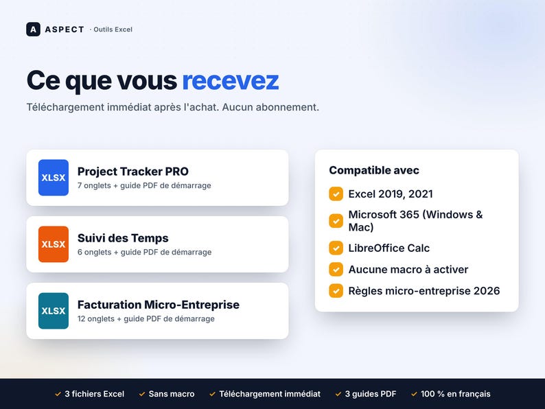 Op de afbeelding: Een digitale productvermelding getiteld Ce que vous recevez met drie Excel-tools: Project Tracker PRO, Suivi des Temps en Facturation Micro-Entreprise. De afbeelding vermeldt compatibiliteit met Excel 2019, 2021, Microsoft 365 en LibreOffice Calc.
