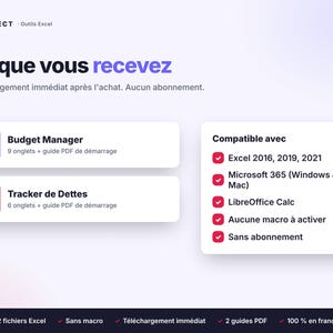 Peut inclure: Une fiche produit num&eacute;rique intitul&eacute;e Aspect Outils Excel pr&eacute;sentant un Budget Manager avec 9 onglets et un Tracker de Dettes avec 6 onglets. Compatibilit&eacute; avec Excel 2016, 2019, 2021, Microsoft 365 et LibreOffice Calc, sans aucune macro &agrave; activer.