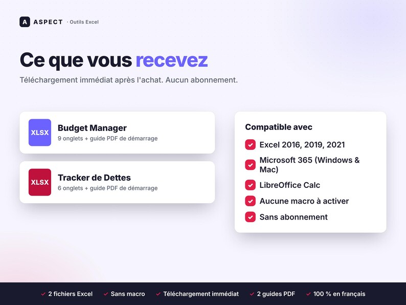 Peut inclure: Une fiche produit num&eacute;rique intitul&eacute;e Aspect Outils Excel pr&eacute;sentant un Budget Manager avec 9 onglets et un Tracker de Dettes avec 6 onglets. Compatibilit&eacute; avec Excel 2016, 2019, 2021, Microsoft 365 et LibreOffice Calc, sans aucune macro &agrave; activer.