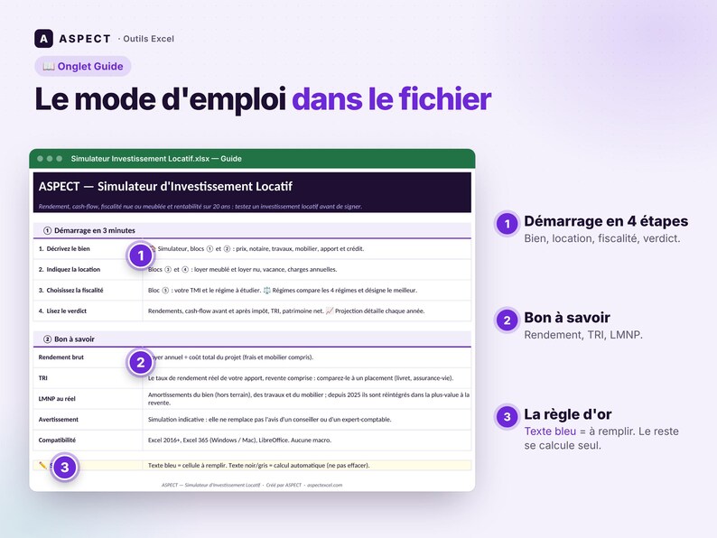 May include: A digital spreadsheet interface titled ASPECT - Simulateur d'Investissement Locatif. The document features sections for a 3-minute startup, rental investment steps, and a golden rule note regarding blue text cells for user input.