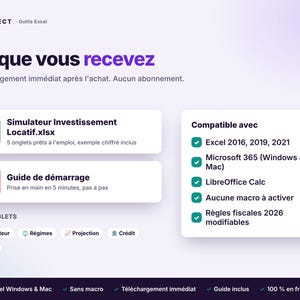 May include: A digital product information graphic titled Ce que vous recevez, featuring a green XLSX icon for a rental investment simulator and a red PDF icon for a startup guide, alongside a compatibility list for Excel and LibreOffice software.