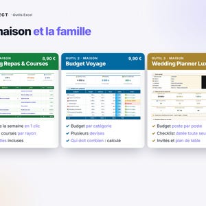 May include: A digital product display titled La maison et la famille featuring three Excel tools: Planning Repas & Courses in green, Budget Voyage in blue, and Wedding Planner Luxe in gold, each showing interface previews and feature lists.