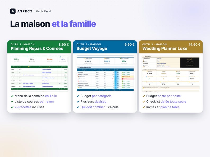 May include: A digital product display titled La maison et la famille featuring three Excel tools: Planning Repas & Courses in green, Budget Voyage in blue, and Wedding Planner Luxe in gold, each showing interface previews and feature lists.