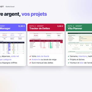 May include: A digital product display titled Votre argent, vos projets featuring three Excel tools: a purple Budget Manager, a red Tracker de Dettes, and a green Vita Planner, each showing financial data tables and lists of features.