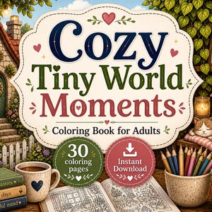 Dibujos para colorear de mundos en miniatura para adultos, libro para colorear de escenas acogedoras, PDF imprimible, mundos pequeños y adorables, alivio del estrés, descarga instantánea.