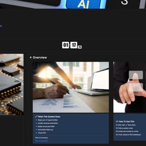 Modello di nozione di automazione aziendale AI / Dashboard CRM, pianificatore di marketing, guida al chatbot / Piccola impresa