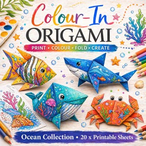 May include: An image showcasing origami sea creatures: a fish, shark, whale, and crab. The design includes the text "Colour-In ORIGAMI" and "Ocean Collection • 20 x Printable Sheets". Colouring pencils and watercolour paints are also present in the image.