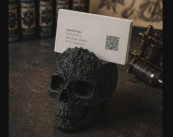 Tattoo Shop Business Card Holder | 3D Printed Dark Decor | Gothic Skull Desk Display
