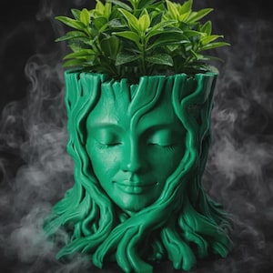 May include: A vibrant green planter shaped like a human face with closed eyes, surrounded by flowing tree root textures. A small green leafy plant grows from the top of the head, and the entire object is enveloped in a soft, swirling white mist.