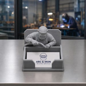 May include: A gray 3D-printed business card holder featuring a miniature welder wearing a helmet and holding a welding torch. The holder displays a white business card with a blue welding helmet icon and the text ARC & IRON WELDING SERVICES.