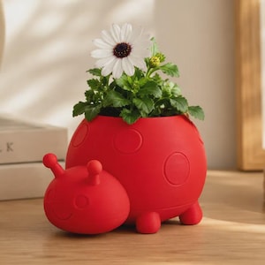 May include: A bright red ladybug-shaped planter with a smooth matte finish, featuring embossed circular spots and two antennae. A white daisy with a dark center and green leaves is planted inside the rounded body of the insect-shaped container.
