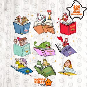 Puede incluir: Una colección de ilustraciones coloridas con personajes queridos de películas animadas leyendo libros. Cada libro tiene un título diferente y los personajes están representados en un estilo caprichoso. La imagen incluye el texto "300 DPI HIGH RESOLUTION" y el logotipo de Happy Pixel Prints.
