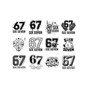 Może przedstawiać: Zbiór czarno-białych projektów graficznych z liczbami "67" i słowami "Six Seven". Projekty obejmują różne style, takie jak efekty kapania, gesty dłoni i ilustracje z kreskówek. Tekst jest pogrubiony, bezszeryfowy.