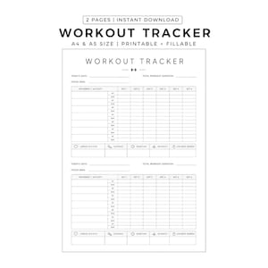 May include: A printable workout tracker in black and white. The design includes sections for tracking workout details, such as date, focus area, movement/activity, sets, and cardio activity. The text "WORKOUT TRACKER" is at the top.