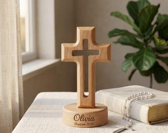Croix debout en bois personnalisée, cadeau de baptême moderne, décoration chrétienne minimaliste