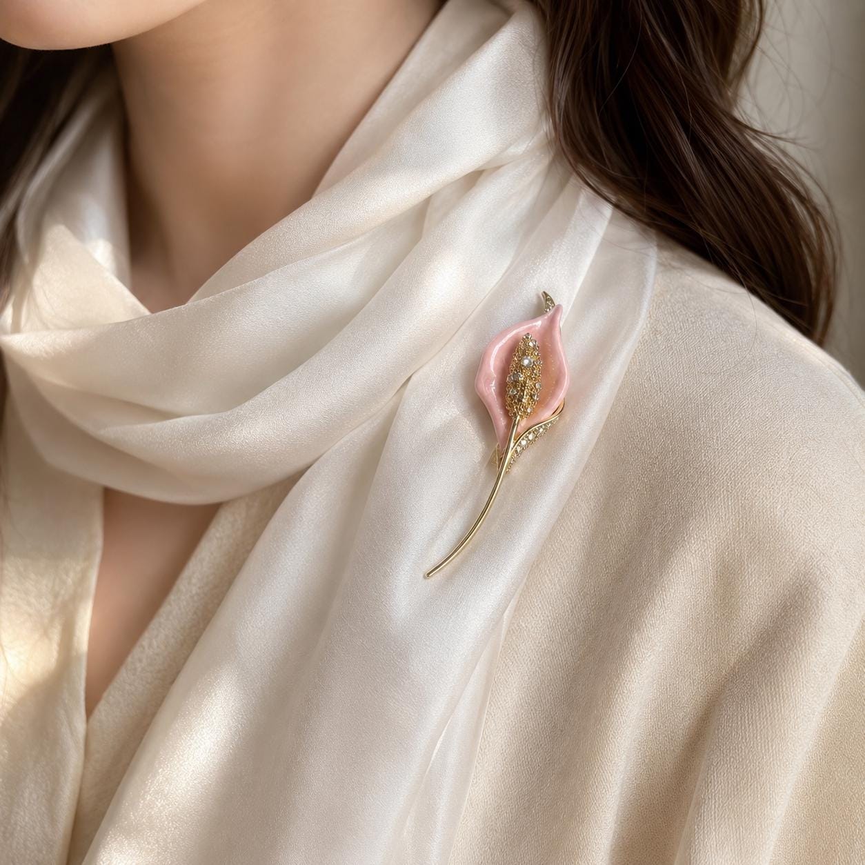 Natural Shell Calla Lily Brooch, Mother of Pearl Flower Pin, Zircon Botanical Corsage