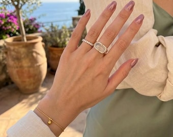 Vintage gouden schakelketting, heldere kwarts pave halo statement ring