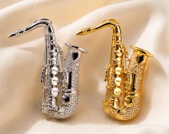 Crystal saxofoon brochespeld, goud zilver muziekinstrument sieraden, jazzmuzikant cadeau