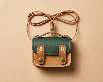 Handmade Two-Tone Leather Satchel AirPods Case, Hand-stitched Pouch, Necklace Charm