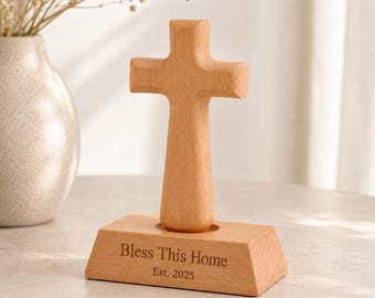 Gepersonaliseerde beukenhouten kruis, op maat gegraveerd christelijk bureaudecor, geloofscadeau