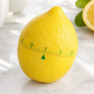 May include: A yellow kitchen timer shaped like a lemon. The timer has a green triangle indicator and a dial with numbers from 0 to 55. The timer is on a white surface.