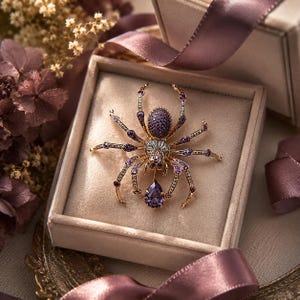 May include: A spider-shaped brooch crafted in gold-tone metal, featuring a body encrusted with small purple crystals and a large, pear-shaped purple crystal dangling from the lower section. The legs are accented with clear and purple stones.