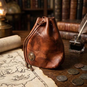 Vintage Leather Drawstring Pouch, Mens EDC Coin Purse, DND Dice Bag, Belt Loop Waist Pouch, Rustic Leather Bag Charm, Fathers Day Gift