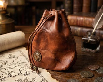 Vintage leren zakje met trekkoord, EDC-portemonnee voor heren, DND-tas met dobbelstenen, heuptasje met riemlus, rustieke leren tasbedel, vaderdagcadeau