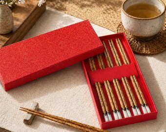 Set regalo di bacchette in legno, 5 paia, posate asiatiche riutilizzabili, scatola rossa
