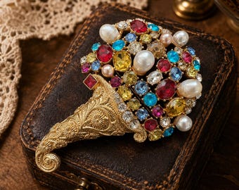Vintage parel kerstboombroche, verguld, kleurrijke edelsteen reversspeld hanger