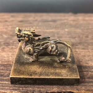 Vintage Pixiu Knob Bronze Seal Stamp, Ancient Script Calligraphy Desktop Collectible