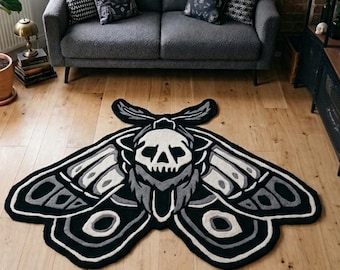 Hand Tufted Skull Moth Rug, Black White Statement Rug, Aesthetic Area Rug, Tufted Carpet, Spring Home Decor, Gothic home decor