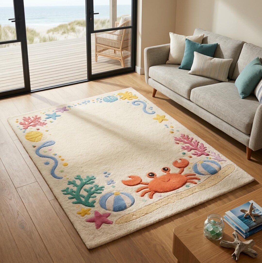 Ocean Theme Rug Hand Tufted Ocean Theme Rug, Coastal Kids Area Rug, Crab & Sea Shell ...