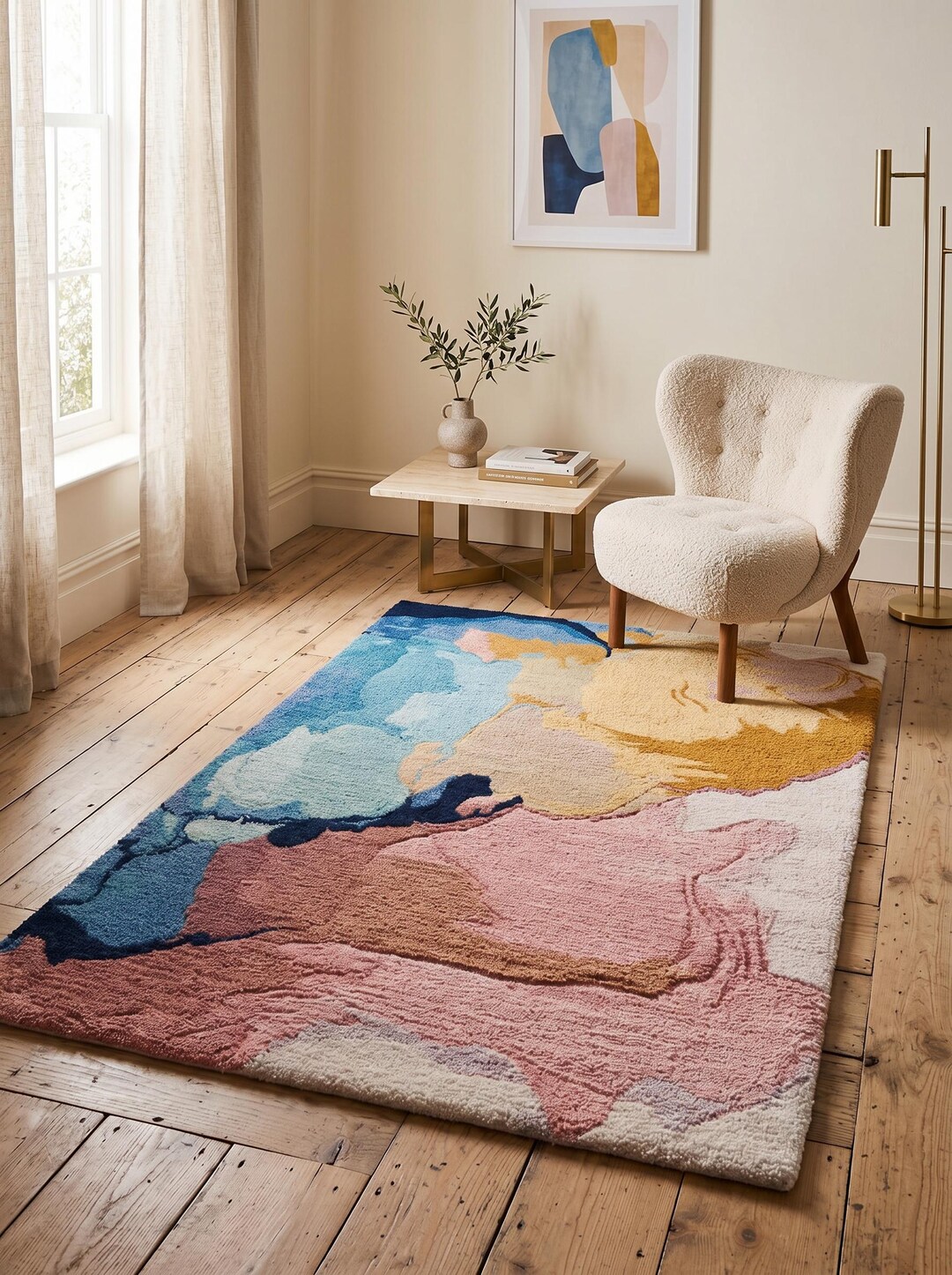 Modern Abstract Hand Tufted Rug, Pink Blue Area Rug, Soft Plush Wool ...