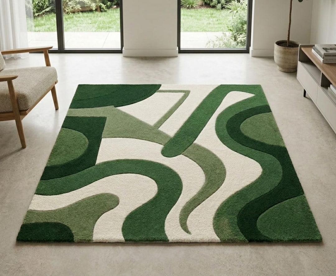 Patterned Green Rug Abstract Design Hand-tufted Green Abstract Wool Rug, Modern Organic Area Carpet - Etsy