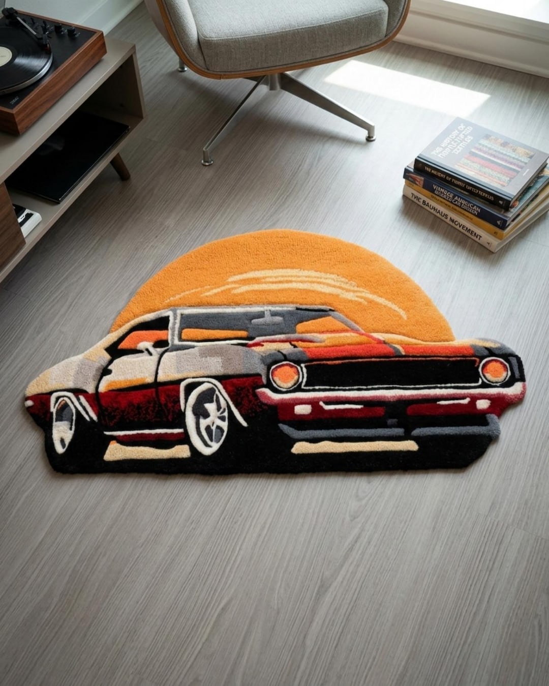 Hand Tufted Car Rug, Vintage Muscle Car Rug, Irregular Shape Rug, Retro ...